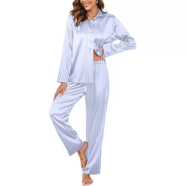 imageEkouaer Classic Satin Pajamas for Women Long Sleeve Button Down Sleepwear Soft Silk Loungewear Pjs Set SXXLStriped Blue