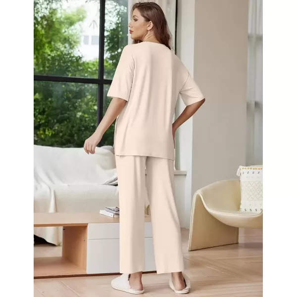 imageEkouaer Lounge Sets for Women Short Sleeve Tops and Long Pants Soft Comfy Pajamas Set 2 Piece Outfits SXXLBeige