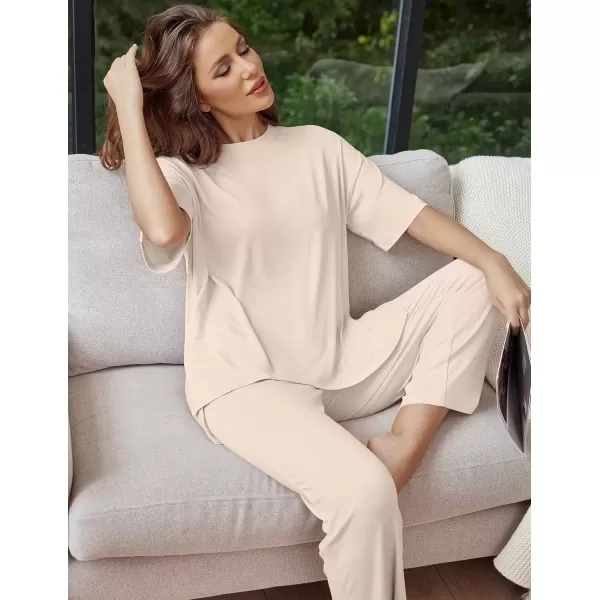 imageEkouaer Lounge Sets for Women Short Sleeve Tops and Long Pants Soft Comfy Pajamas Set 2 Piece Outfits SXXLBeige