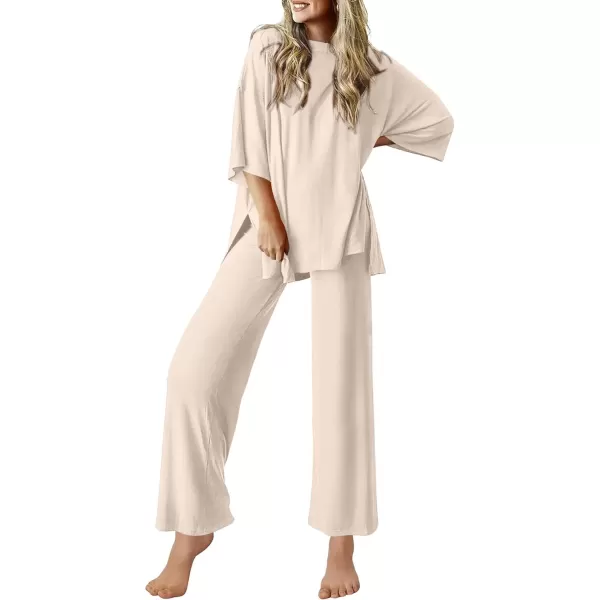 imageEkouaer Lounge Sets for Women Short Sleeve Tops and Long Pants Soft Comfy Pajamas Set 2 Piece Outfits SXXLBeige