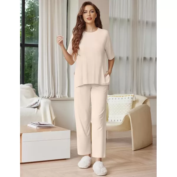 imageEkouaer Lounge Sets for Women Short Sleeve Tops and Long Pants Soft Comfy Pajamas Set 2 Piece Outfits SXXLBeige