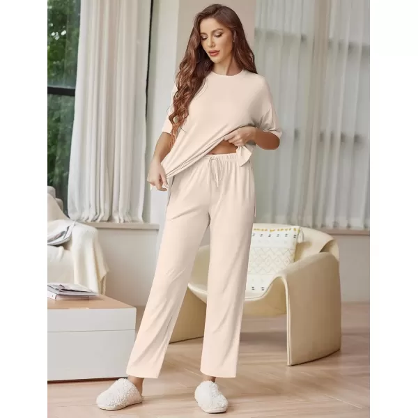 imageEkouaer Lounge Sets for Women Short Sleeve Tops and Long Pants Soft Comfy Pajamas Set 2 Piece Outfits SXXLBeige