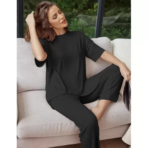 imageEkouaer Lounge Sets for Women Short Sleeve Tops and Long Pants Soft Comfy Pajamas Set 2 Piece Outfits SXXLBlack