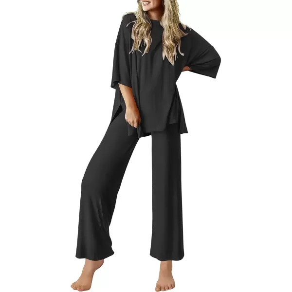 imageEkouaer Lounge Sets for Women Short Sleeve Tops and Long Pants Soft Comfy Pajamas Set 2 Piece Outfits SXXLBlack