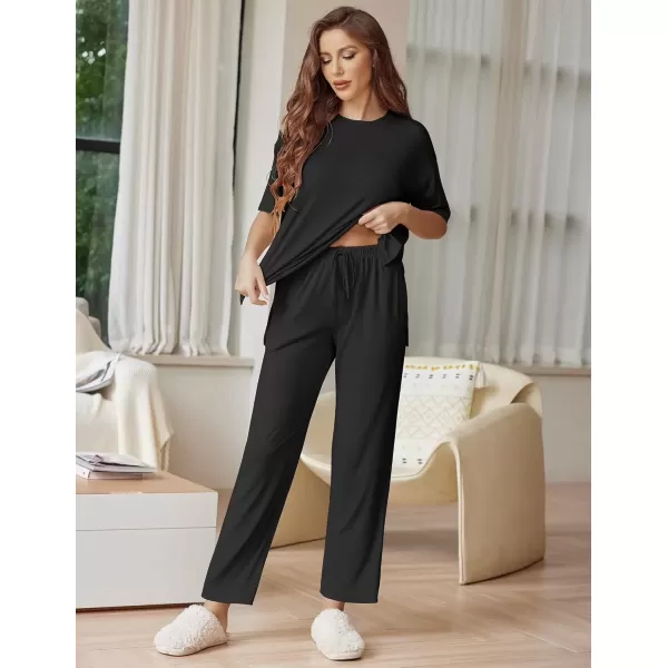 imageEkouaer Lounge Sets for Women Short Sleeve Tops and Long Pants Soft Comfy Pajamas Set 2 Piece Outfits SXXLBlack