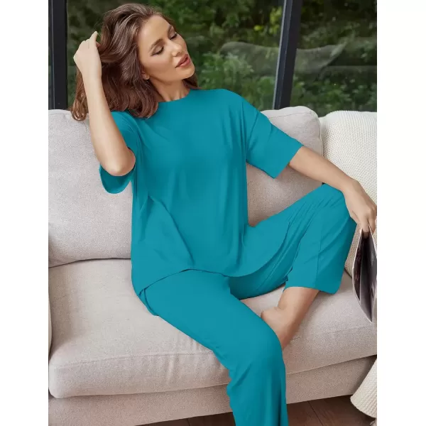 imageEkouaer Lounge Sets for Women Short Sleeve Tops and Long Pants Soft Comfy Pajamas Set 2 Piece Outfits SXXLBlue Green