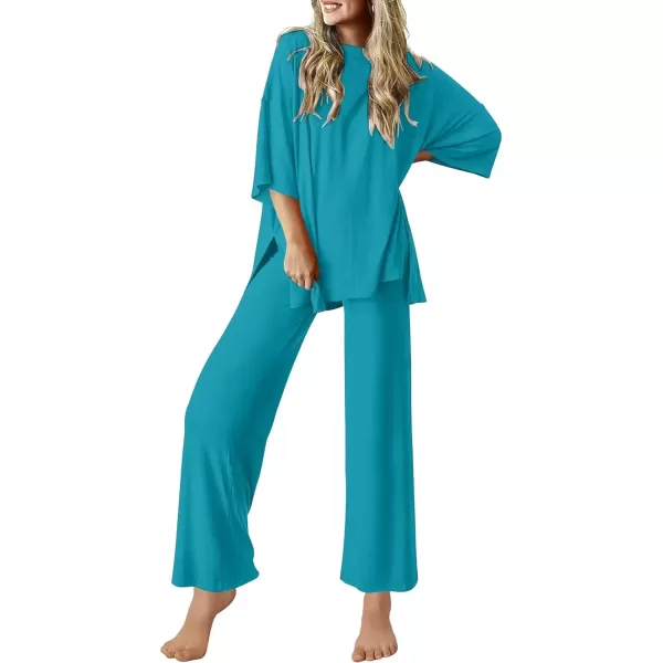 imageEkouaer Lounge Sets for Women Short Sleeve Tops and Long Pants Soft Comfy Pajamas Set 2 Piece Outfits SXXLBlue Green