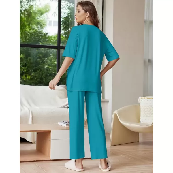 imageEkouaer Lounge Sets for Women Short Sleeve Tops and Long Pants Soft Comfy Pajamas Set 2 Piece Outfits SXXLBlue Green