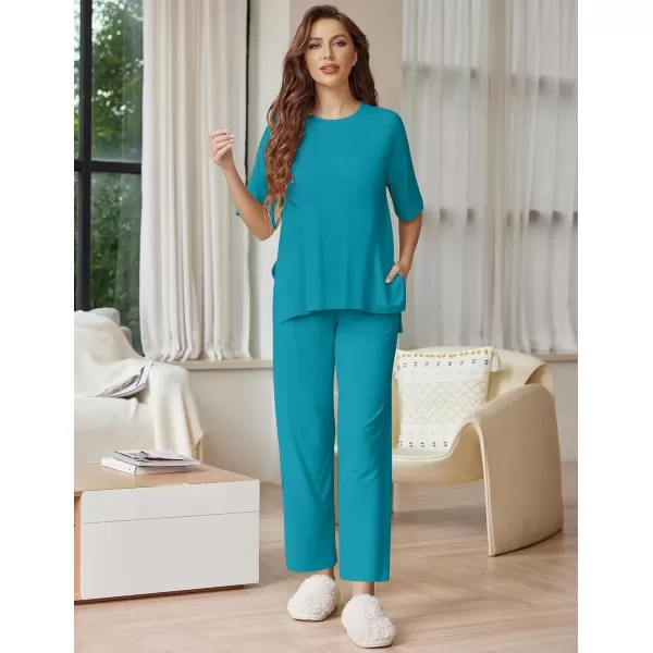 imageEkouaer Lounge Sets for Women Short Sleeve Tops and Long Pants Soft Comfy Pajamas Set 2 Piece Outfits SXXLBlue Green