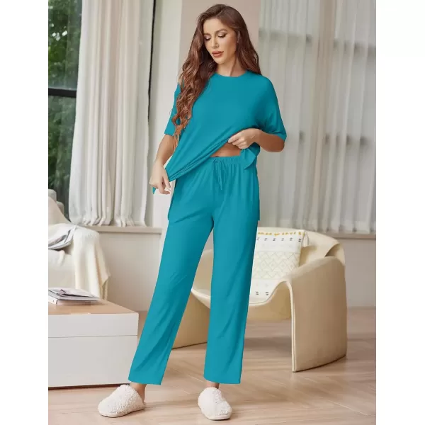 imageEkouaer Lounge Sets for Women Short Sleeve Tops and Long Pants Soft Comfy Pajamas Set 2 Piece Outfits SXXLBlue Green