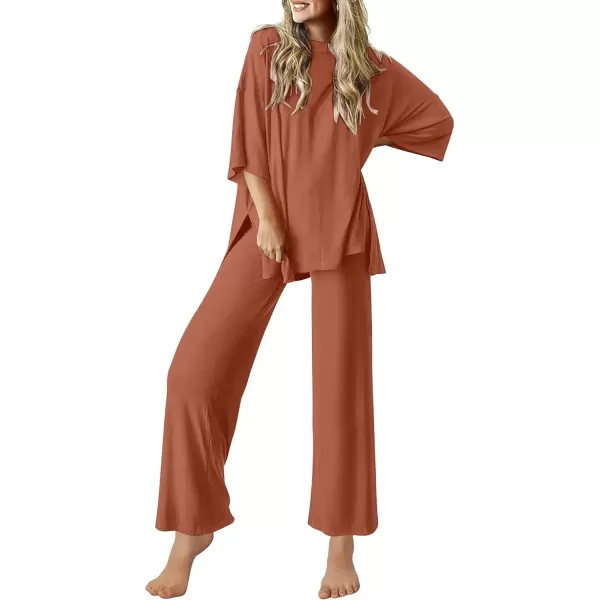 imageEkouaer Lounge Sets for Women Short Sleeve Tops and Long Pants Soft Comfy Pajamas Set 2 Piece Outfits SXXLCamel