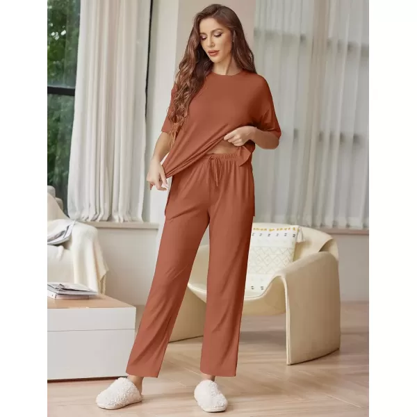 imageEkouaer Lounge Sets for Women Short Sleeve Tops and Long Pants Soft Comfy Pajamas Set 2 Piece Outfits SXXLCamel