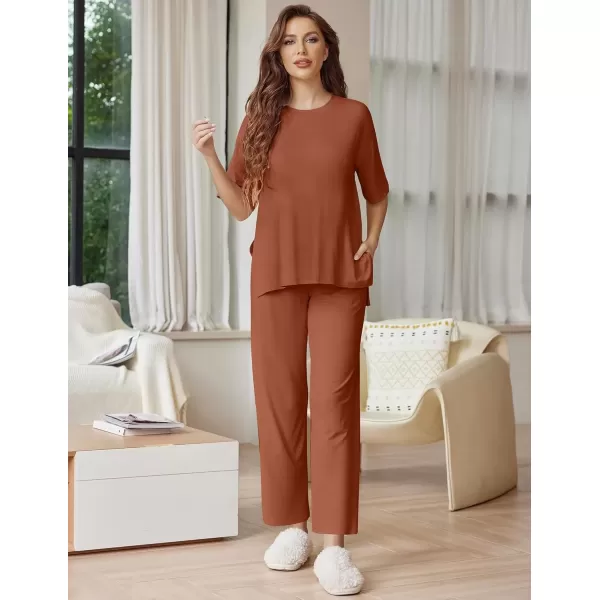 imageEkouaer Lounge Sets for Women Short Sleeve Tops and Long Pants Soft Comfy Pajamas Set 2 Piece Outfits SXXLCamel