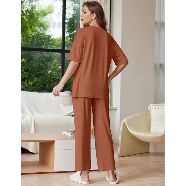 imageEkouaer Lounge Sets for Women Short Sleeve Tops and Long Pants Soft Comfy Pajamas Set 2 Piece Outfits SXXLCamel