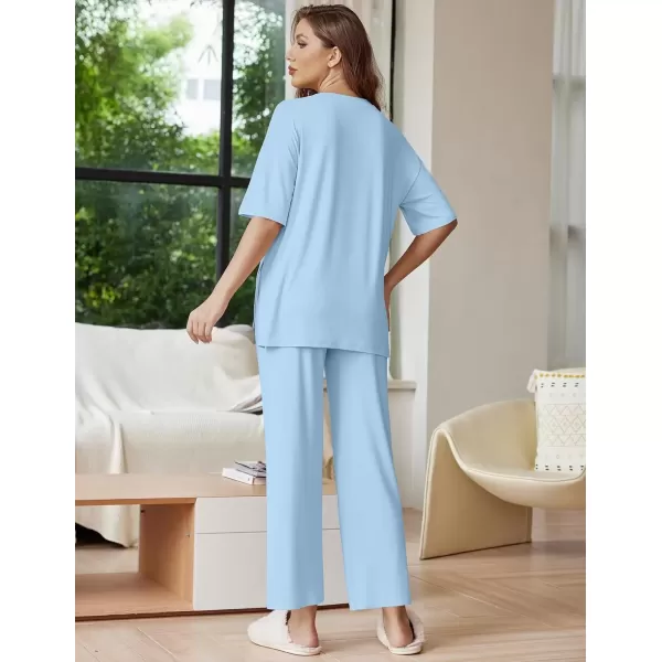 imageEkouaer Lounge Sets for Women Short Sleeve Tops and Long Pants Soft Comfy Pajamas Set 2 Piece Outfits SXXLClear Blue