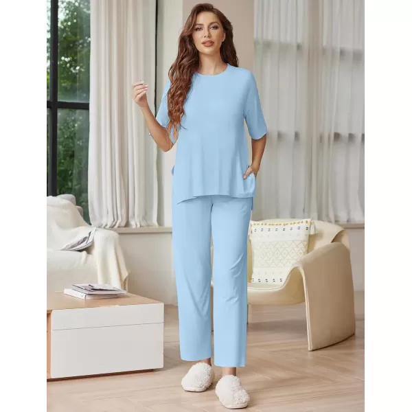 imageEkouaer Lounge Sets for Women Short Sleeve Tops and Long Pants Soft Comfy Pajamas Set 2 Piece Outfits SXXLClear Blue