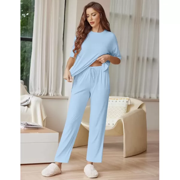 imageEkouaer Lounge Sets for Women Short Sleeve Tops and Long Pants Soft Comfy Pajamas Set 2 Piece Outfits SXXLClear Blue