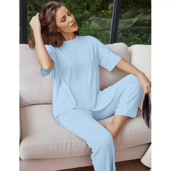 imageEkouaer Lounge Sets for Women Short Sleeve Tops and Long Pants Soft Comfy Pajamas Set 2 Piece Outfits SXXLClear Blue