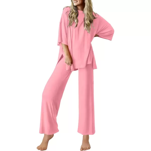 imageEkouaer Lounge Sets for Women Short Sleeve Tops and Long Pants Soft Comfy Pajamas Set 2 Piece Outfits SXXLCoral Pink