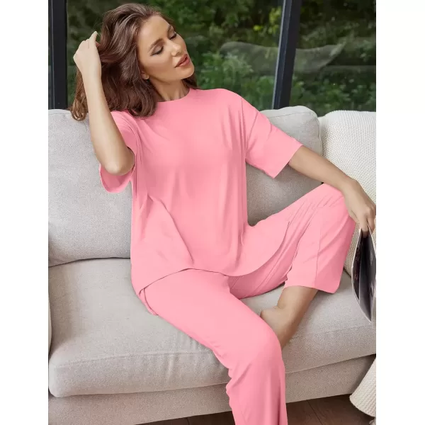 imageEkouaer Lounge Sets for Women Short Sleeve Tops and Long Pants Soft Comfy Pajamas Set 2 Piece Outfits SXXLCoral Pink