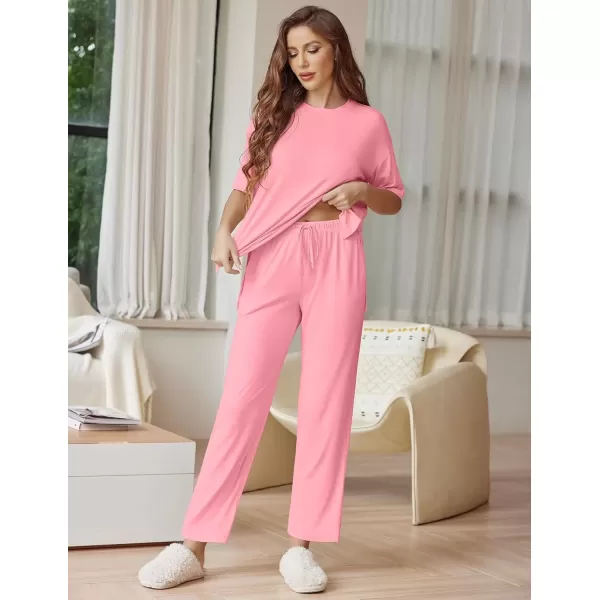 imageEkouaer Lounge Sets for Women Short Sleeve Tops and Long Pants Soft Comfy Pajamas Set 2 Piece Outfits SXXLCoral Pink