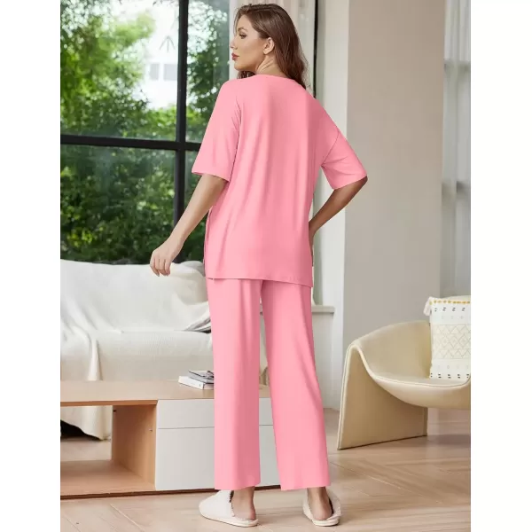 imageEkouaer Lounge Sets for Women Short Sleeve Tops and Long Pants Soft Comfy Pajamas Set 2 Piece Outfits SXXLCoral Pink