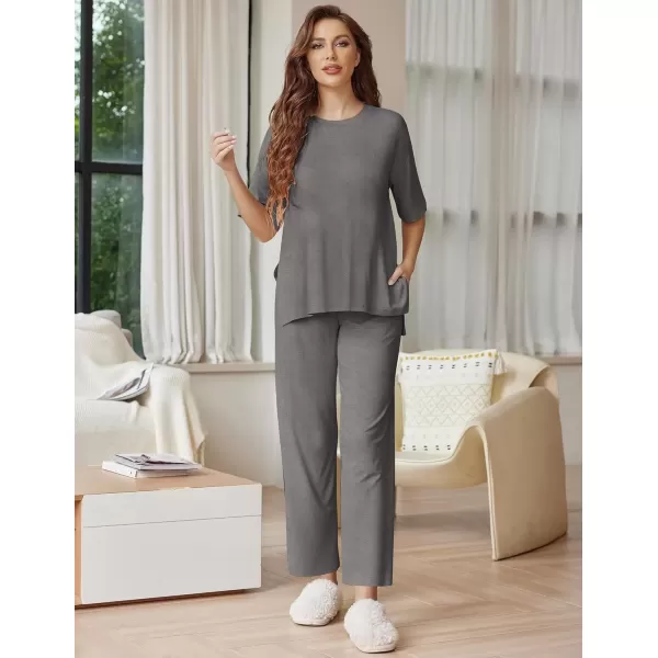 imageEkouaer Lounge Sets for Women Short Sleeve Tops and Long Pants Soft Comfy Pajamas Set 2 Piece Outfits SXXLDark Gray