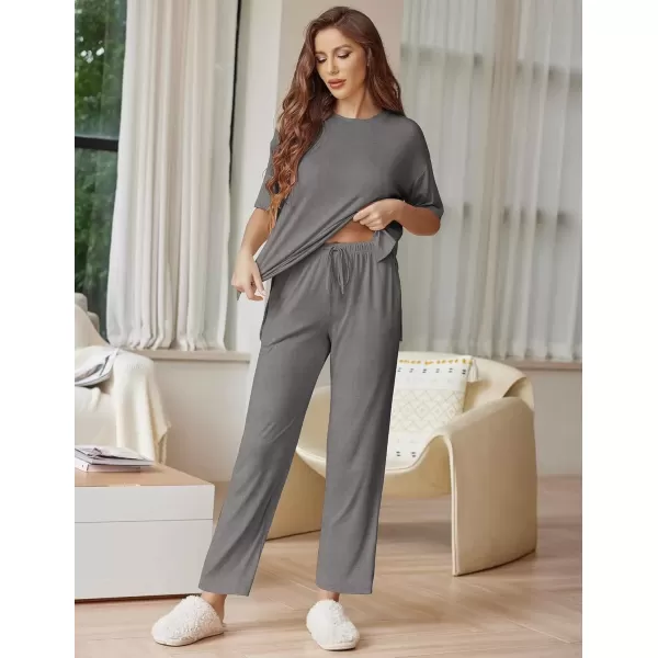 imageEkouaer Lounge Sets for Women Short Sleeve Tops and Long Pants Soft Comfy Pajamas Set 2 Piece Outfits SXXLDark Gray