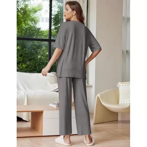 imageEkouaer Lounge Sets for Women Short Sleeve Tops and Long Pants Soft Comfy Pajamas Set 2 Piece Outfits SXXLDark Gray