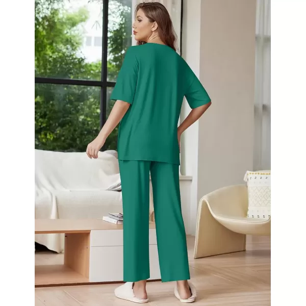 imageEkouaer Lounge Sets for Women Short Sleeve Tops and Long Pants Soft Comfy Pajamas Set 2 Piece Outfits SXXLIvy Green