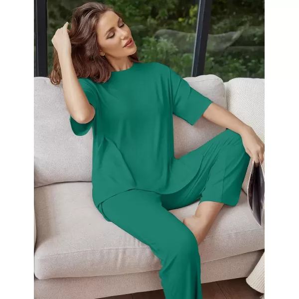 imageEkouaer Lounge Sets for Women Short Sleeve Tops and Long Pants Soft Comfy Pajamas Set 2 Piece Outfits SXXLIvy Green