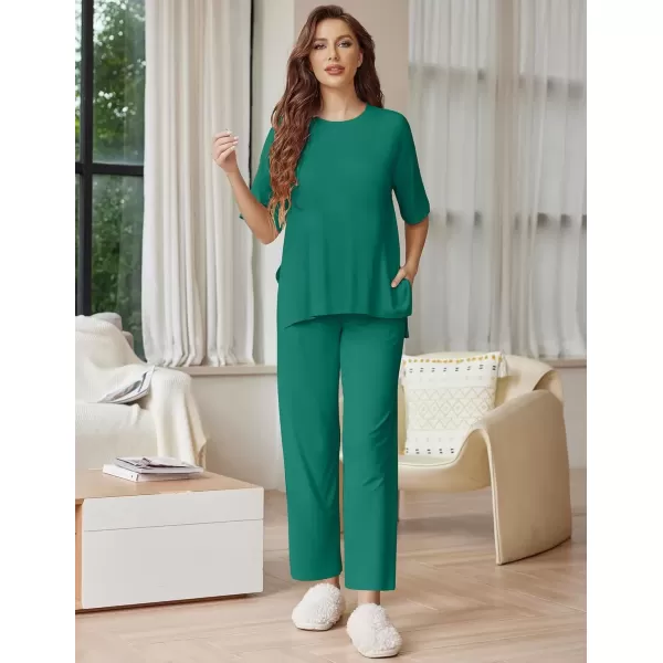 imageEkouaer Lounge Sets for Women Short Sleeve Tops and Long Pants Soft Comfy Pajamas Set 2 Piece Outfits SXXLIvy Green