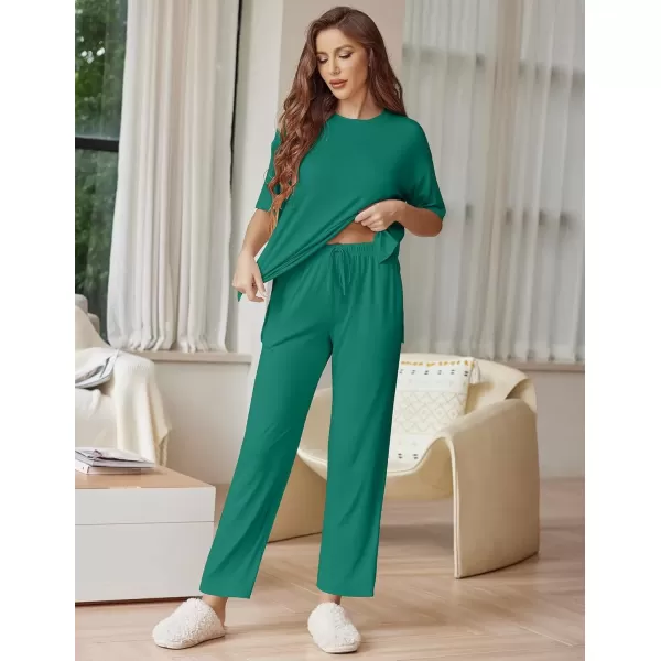 imageEkouaer Lounge Sets for Women Short Sleeve Tops and Long Pants Soft Comfy Pajamas Set 2 Piece Outfits SXXLIvy Green