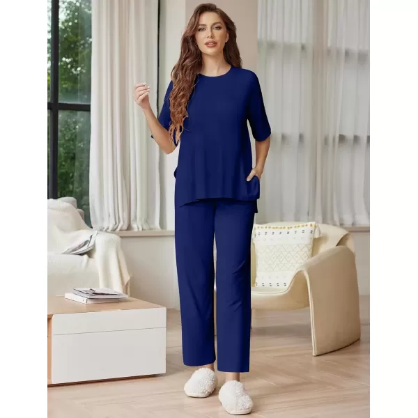 imageEkouaer Lounge Sets for Women Short Sleeve Tops and Long Pants Soft Comfy Pajamas Set 2 Piece Outfits SXXLNavy Blue