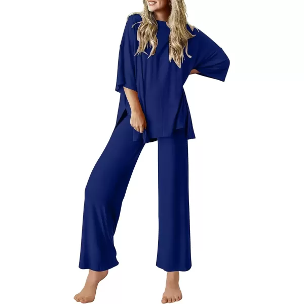 imageEkouaer Lounge Sets for Women Short Sleeve Tops and Long Pants Soft Comfy Pajamas Set 2 Piece Outfits SXXLNavy Blue