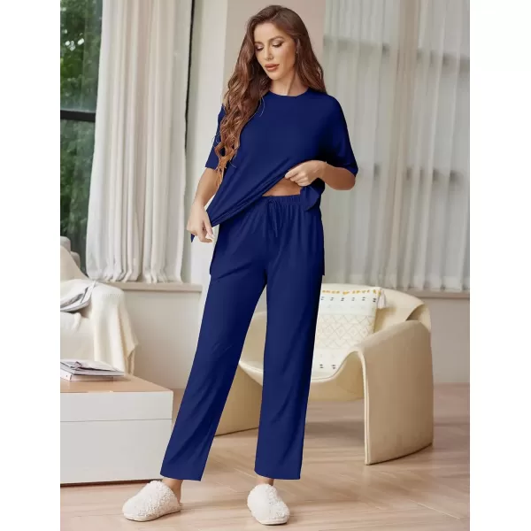 imageEkouaer Lounge Sets for Women Short Sleeve Tops and Long Pants Soft Comfy Pajamas Set 2 Piece Outfits SXXLNavy Blue