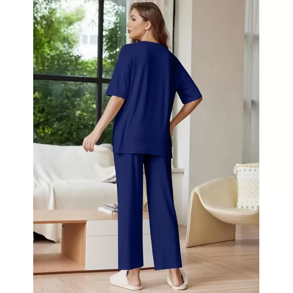 imageEkouaer Lounge Sets for Women Short Sleeve Tops and Long Pants Soft Comfy Pajamas Set 2 Piece Outfits SXXLNavy Blue