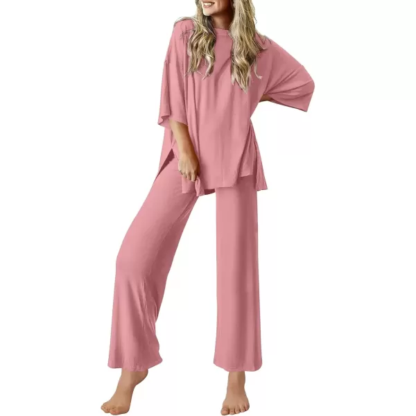 imageEkouaer Lounge Sets for Women Short Sleeve Tops and Long Pants Soft Comfy Pajamas Set 2 Piece Outfits SXXLOld Rose