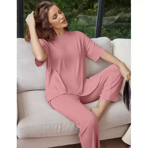 imageEkouaer Lounge Sets for Women Short Sleeve Tops and Long Pants Soft Comfy Pajamas Set 2 Piece Outfits SXXLOld Rose