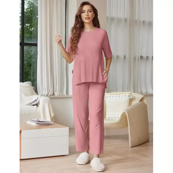 imageEkouaer Lounge Sets for Women Short Sleeve Tops and Long Pants Soft Comfy Pajamas Set 2 Piece Outfits SXXLOld Rose