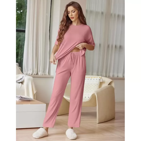 imageEkouaer Lounge Sets for Women Short Sleeve Tops and Long Pants Soft Comfy Pajamas Set 2 Piece Outfits SXXLOld Rose