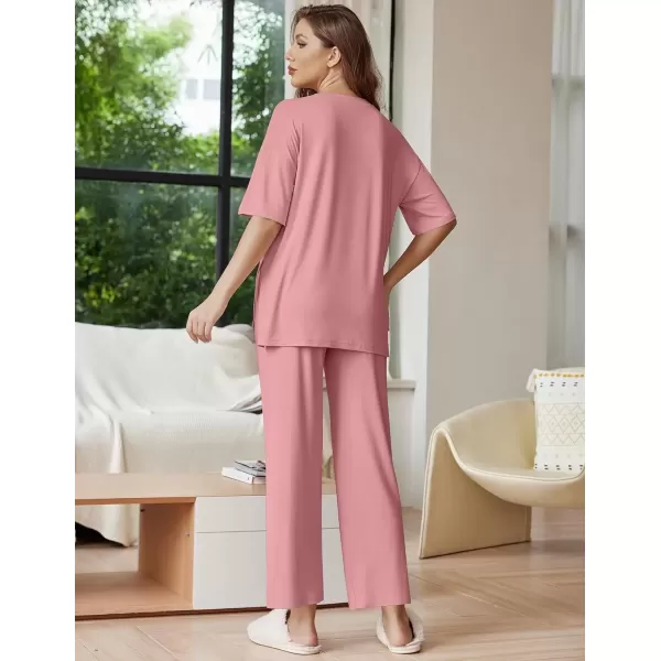 imageEkouaer Lounge Sets for Women Short Sleeve Tops and Long Pants Soft Comfy Pajamas Set 2 Piece Outfits SXXLOld Rose