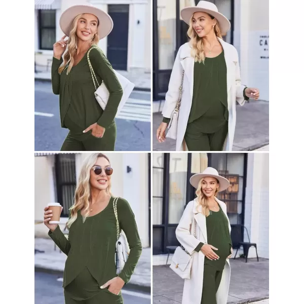 imageEkouaer Maternity Nursing Pajama Set Long Sleeve Top ampamp Pants with Pockets Breastfeeding Sleepwear Double Layer PregnancyArmy Green