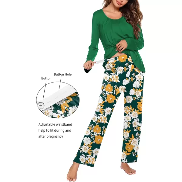 imageEkouaer Maternity Nursing Pajama Set Long Sleeve Top ampamp Pants with Pockets Breastfeeding Sleepwear Double Layer PregnancyGreenYellow Floral