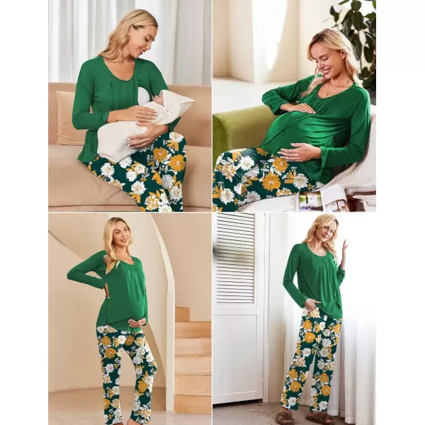 imageEkouaer Maternity Nursing Pajama Set Long Sleeve Top ampamp Pants with Pockets Breastfeeding Sleepwear Double Layer PregnancyGreenYellow Floral