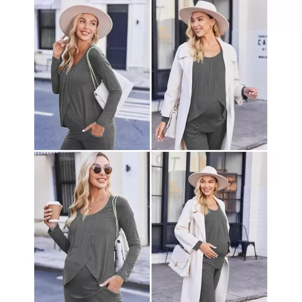 imageEkouaer Maternity Nursing Pajama Set Long Sleeve Top ampamp Pants with Pockets Breastfeeding Sleepwear Double Layer PregnancyGrey