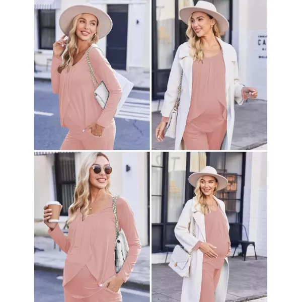 imageEkouaer Maternity Nursing Pajama Set Long Sleeve Top ampamp Pants with Pockets Breastfeeding Sleepwear Double Layer PregnancyMisty Pink