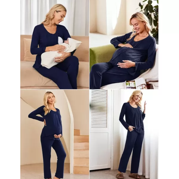 imageEkouaer Maternity Nursing Pajama Set Long Sleeve Top ampamp Pants with Pockets Breastfeeding Sleepwear Double Layer PregnancyNavy Blue