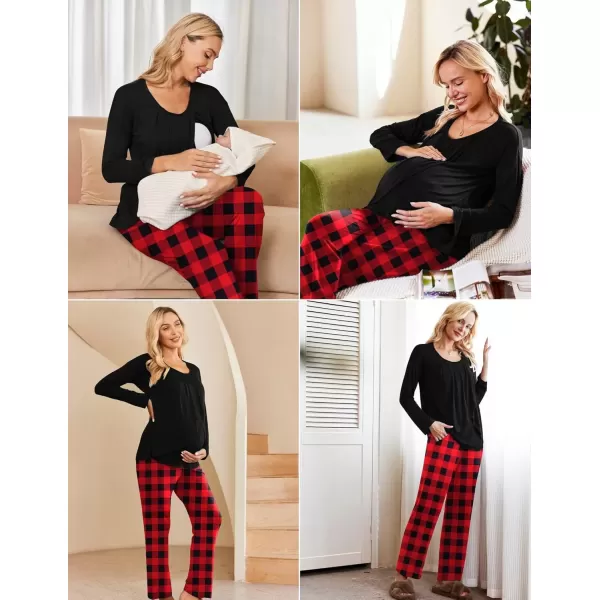 imageEkouaer Maternity Nursing Pajama Set Long Sleeve Top ampamp Pants with Pockets Breastfeeding Sleepwear Double Layer PregnancyRedBlack