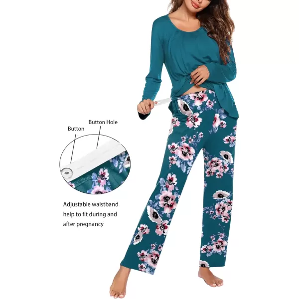 imageEkouaer Maternity Nursing Pajama Set Long Sleeve Top ampamp Pants with Pockets Breastfeeding Sleepwear Double Layer PregnancyTealPink Floral